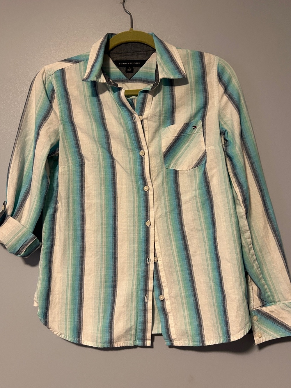 Tommy Hilfiger White, Teal & Blue Striped Button-Down Shirt